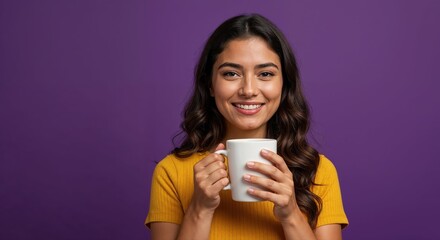 Radiant Coffee Break: A beautiful person with a warm smile cradles a steaming mug, embodying tranquility. against a vibrant backdrop, she offers an invitation to share a moment of calm.