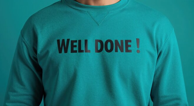 Well Done: Person in teal shirt with well done message embodies positive reinforcement, encouragement, and recognition. The central focus is on a teal shirt with Well Done message.