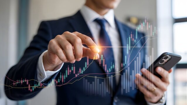 A businessman in a suit interacting with a glowing digital financial chart showing candlestick patterns trend lines and market indicators