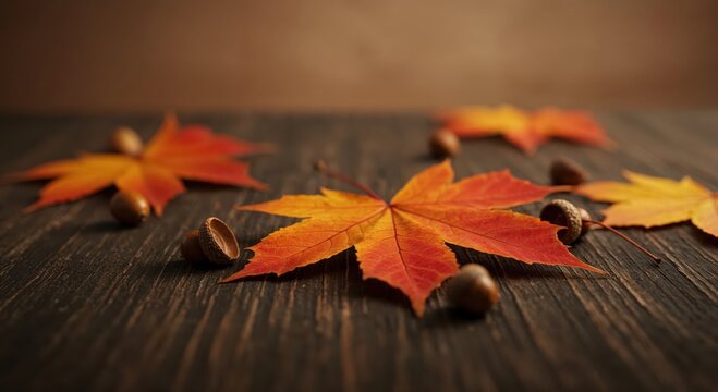 Autumn's Embrace: Vibrant autumn leaves and acorns rest on a weathered wooden surface, showcasing the season's beautiful hues and textures. - Powered by Adobe
