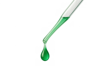 Dropper dispensing green liquid drop, science experiment, chemistry research, cosmetic serum, medical laboratory concept