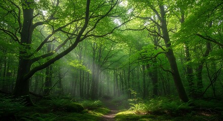 Obraz premium Sunlit Path in an Enchanted Forest Golden Rays Gently Whisk Through the Lush Green Canopy, Illuminating a Serene Woodland Scene