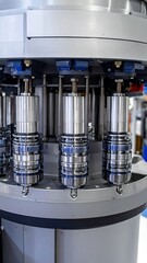 Close-up showing cylindrical metal machine parts arranged vertically in a circular pattern