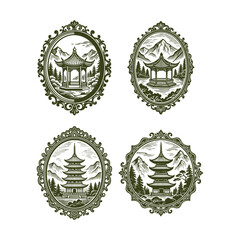 Obraz premium set of four vintage engraving style illustrations featuring traditional Asian structures a pagoda and a pavilion set against a backdrop of mountains and pine trees