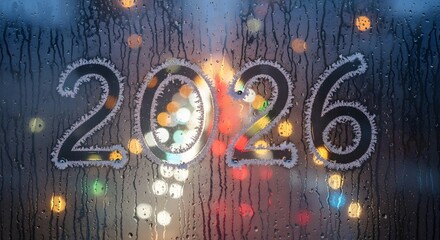 Frosted numbers 2026 on a wet window with bokeh lights in the background.