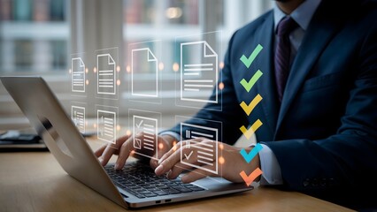 A businessman in a suit typing on a laptop with glowing digital overlays showing documents and multicolored checkmarks in a modern office workspace