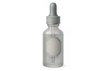 Dropper bottle with liquid, transparent glass, vintage label, essential oil, serum, cosmetic product, beauty packaging