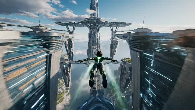 Futuristic city flyer soaring above buildings.