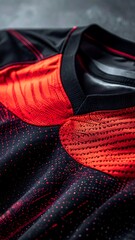Close-up shows a black and red athletic jersey with textured, dotted patterns