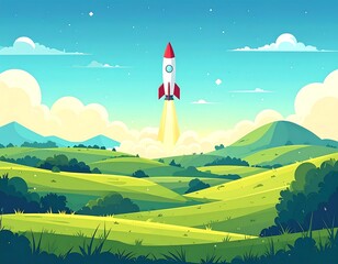 A cartoon rocket blasts off into the sky above rolling green hills and puffy clouds. A blue sky tops the landscape
