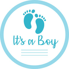 It's A Boy Celebration Announcement With Blue Baby Footprints Inside A Circular Frame On A Transparent Background