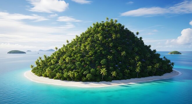 Tropical Island Paradise Lush Green Mountain Surrounded by Turquoise Ocean Waters.