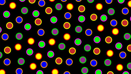 Abstract colorful circles repeat pattern on black background.