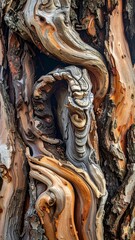 Close-up shows intricately twisted tree bark texture, colored shades of brown and grey