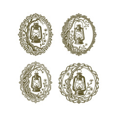 Obraz premium A beautiful set of four vintage etching illustrations featuring a classic oil lantern framed by intricate natural elements like twisting tree branches and small wildflowers vector template