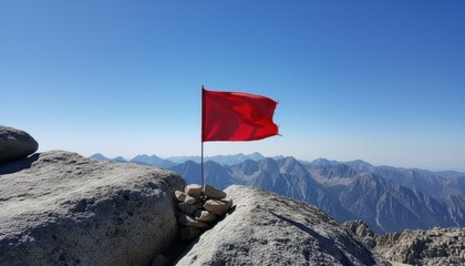 A bright red flag waves atop snowy mountain rocks while the wind blows strongly across the peak.