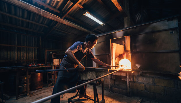 Glassblower Heating Molten Glass in Workshop