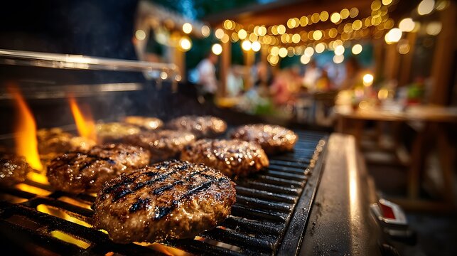 Sizzling, perfectly grilled meat patties on a barbecue, with a lively, out-of-focus evening backyard party and festive bokeh lights in the background.