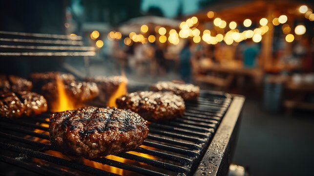 Sizzling, perfectly grilled meat patties on a barbecue, with a lively, out-of-focus evening backyard party and festive bokeh lights in the background.
