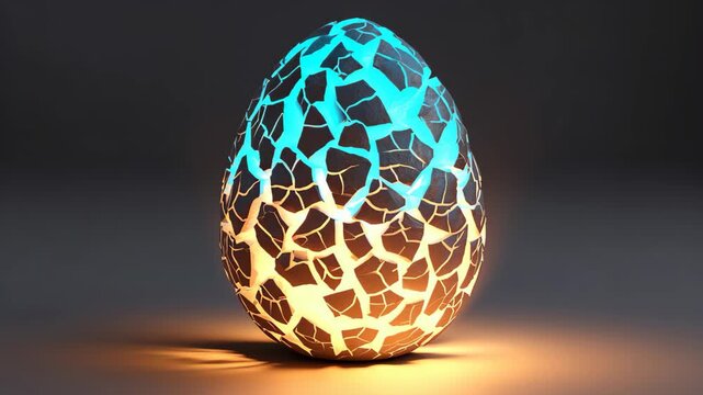 Glowing dragon egg with a broken surface reveals vibrant colors and intricate patterns in a mystical realm at twilight