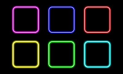 Set of glowing neon square frames in vibrant colors on a black background, perfect for banners, posters, and ui design