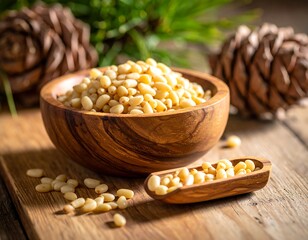 Close-up shows pine nuts in wooden bowls, with pine cones and needles in background