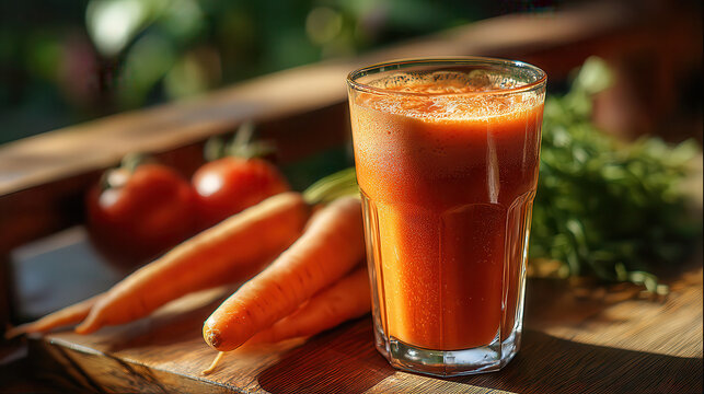 Freshly squeezed carrot juice with vegetables in a glass