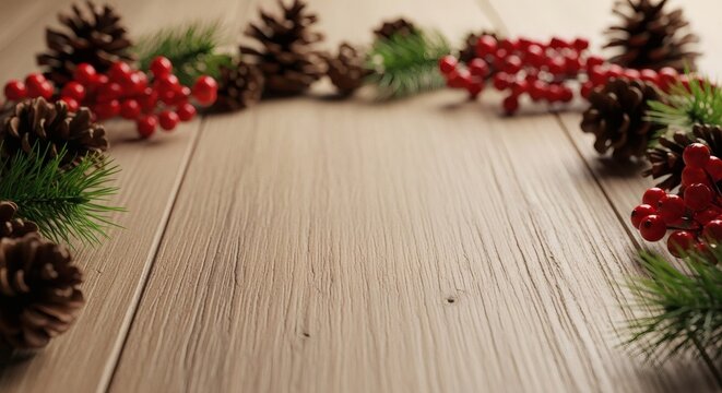 Christmas border decoration with pine cones, fir branches, and red berries on wooden planks