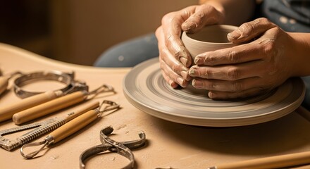 A close-up shot of a person's hands shaping a small clay pot on a pottery wheel with various tools laid out nearby.
