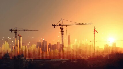 Construction cranes at sunset overlook a city skyline filled with tall buildings and digital data visualization elements - Powered by Adobe