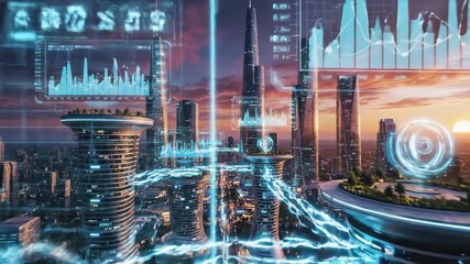 Futuristic city with data overlay. - Powered by Adobe