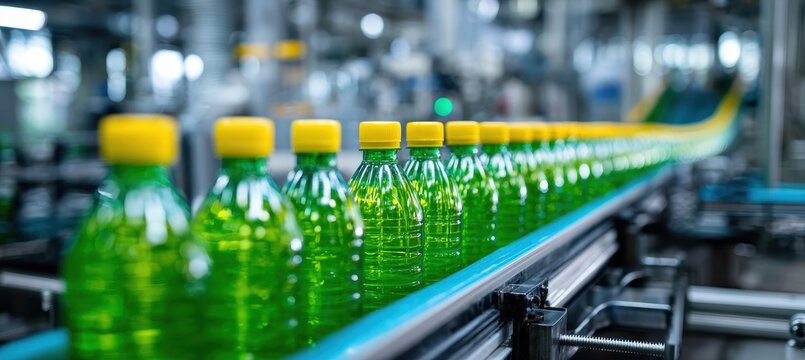 Bottles of green soda on a conveyor belt in a factory