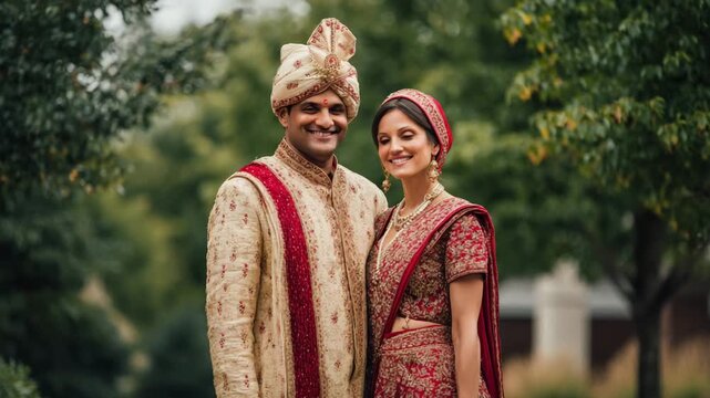 Happy Indian Bride and Groom in Traditional Wedding Attire Posing Outdoors - Powered by Adobe
