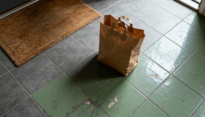 Shopping bag left beside entry mat on tiled floor, soft natural light, photorealistic style