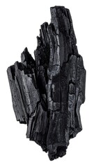 Close-up view of a chunk of irregular, jagged charcoal against a stark white background