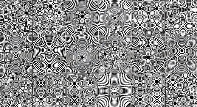A black-and-white kinetic op art geometric pattern of concentric circles that create a pulsating, dizzying optical illusion. High-contrast, hypnotic movement, Bridget Riley style