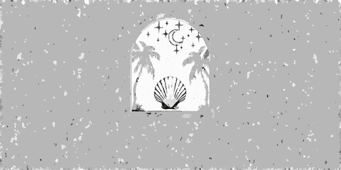 Dreamy archway with seashell palm trees and crescent moon under starry night sky