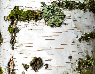 Close-up shows bark on a birch tree with moss and lichen details. Light & airy tone