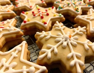 Festive Snowflake Cookies on Cooling Rack Decorated Joyfully