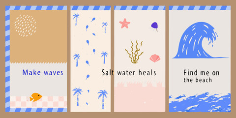 Set of four beach themed vertical illustrations with inspirational quotes and ocean elements