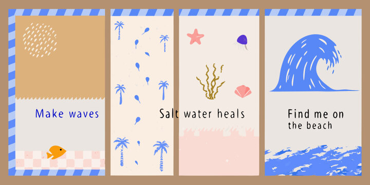Set of four beach themed vertical illustrations with inspirational quotes and ocean elements