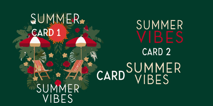 Two summer cards featuring beach chairs umbrellas and tropical foliage with text