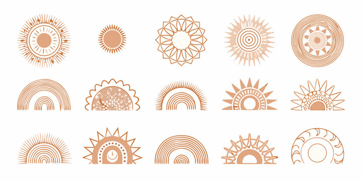 Collection of boho sun and rainbow icons in warm earth tones