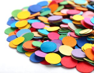 Close-up shows brightly colored, stacked, circular confetti on a white background