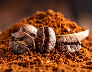 Closeup shows coffee beans and grounds, brown, earthy, rustic, warm. Shallow depth of field