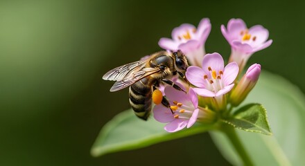 Honey Bee Collecting Nectar from Pink Wildflowers in Macro Photography.