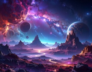 Cosmic landscape with planets, nebula, and a rocky terrain. A bright path winds through a mountain range under a starry sky