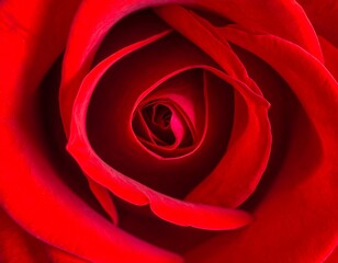 Close-up shows deep red rose center, swirling petals forming concentric patterns