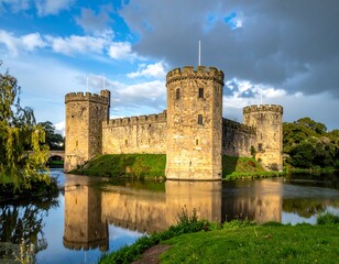 A historic stone fortress, featuring round towers and crenellations, reflects in the surrounding water under a cloudy sky