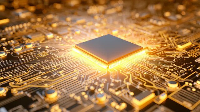 Computer technology close-up showcasing a circuit board with intricate designs and a central processing unit illuminated by vibrant orange lights